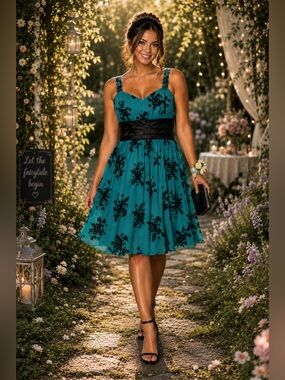 TRIXXI Teal Black Floral Flocked Chiffon Babydoll Dress Sz L Vintage Y2K Fairy